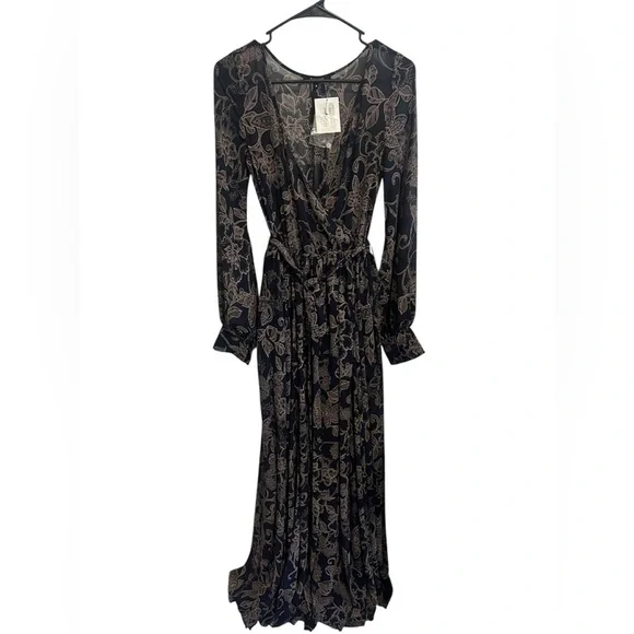 Boho Luxe Maxi Wrap Dress – Sheer Navy with Earth Tones – $128 Retail- Small - Picture 1 of 7